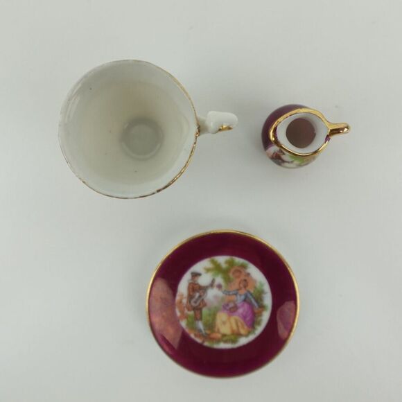 Miniature Plate, Cup and Pitcher Burgundy and Gold Victorian Style - Picture 3 of 7